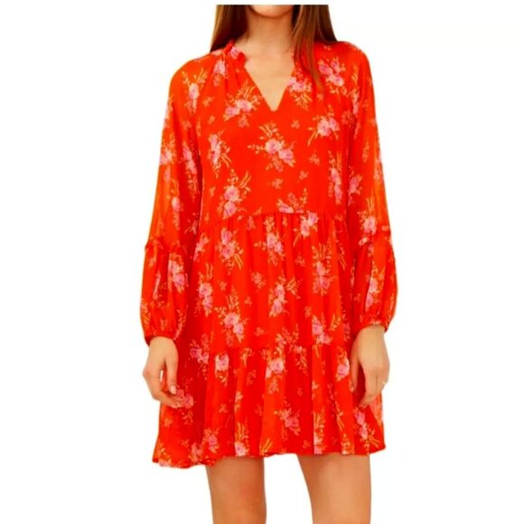 NWT VINCE CAMUTO 3-Tier Chiffon Balloon Sleeve Baby-doll Mini Dress Orange S - Picture 1 of 8